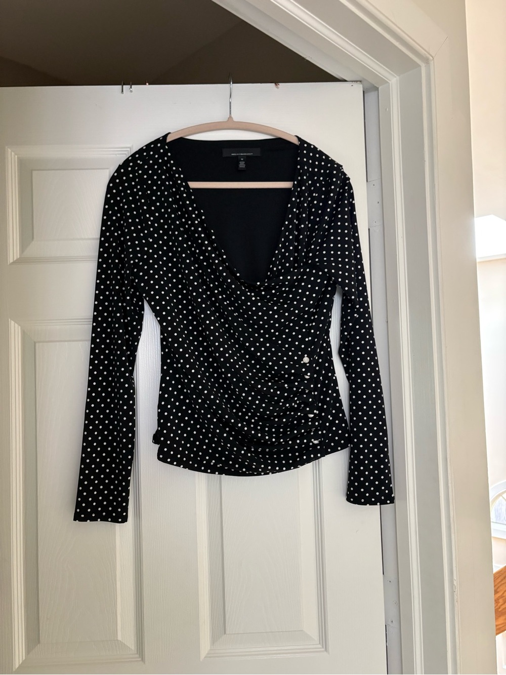 White House Black Market Black and White Polka Dot Draped Long-Sleeve Top